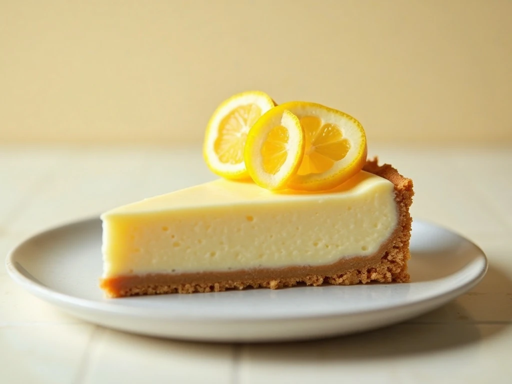 Slice of creamy no-bake lemon cheesecake with a buttery biscuit crust
