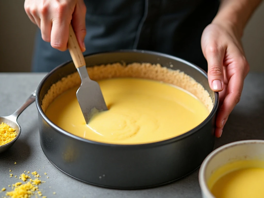 Biscuit crust and smooth lemon cheesecake filling preparation