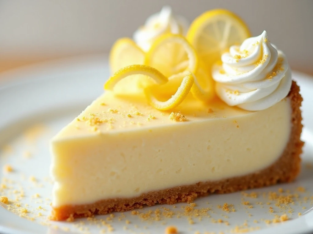 Lemon cheesecake slice decorated with lemon curls and whipped cream