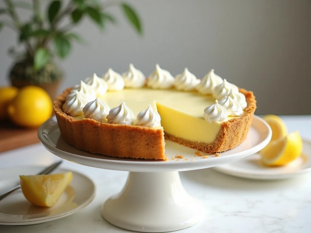 Whole no-bake lemon cream pie with one slice served beside it