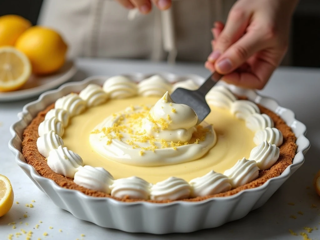 Gently folding whipped topping into lemon pie filling