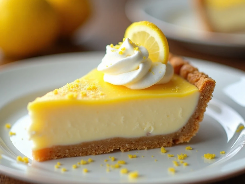 Lemon cream pie slice with whipped cream and lemon garnish