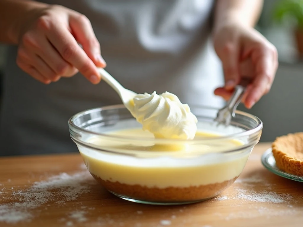 Folding whipped topping into the lemon pie filling