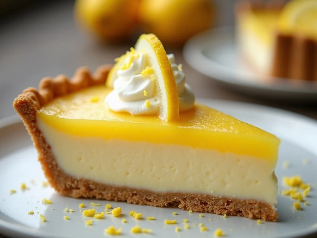 Lemon icebox pie slice with whipped topping and lemon zest