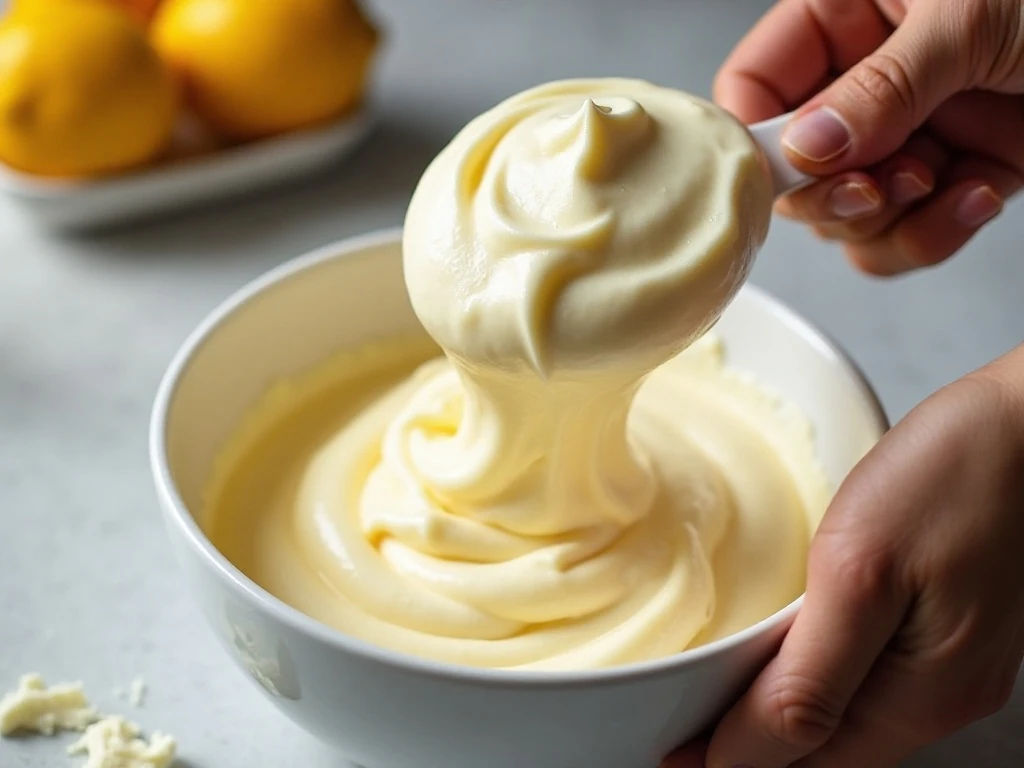Gently folding whipped topping into lemon cheesecake filling