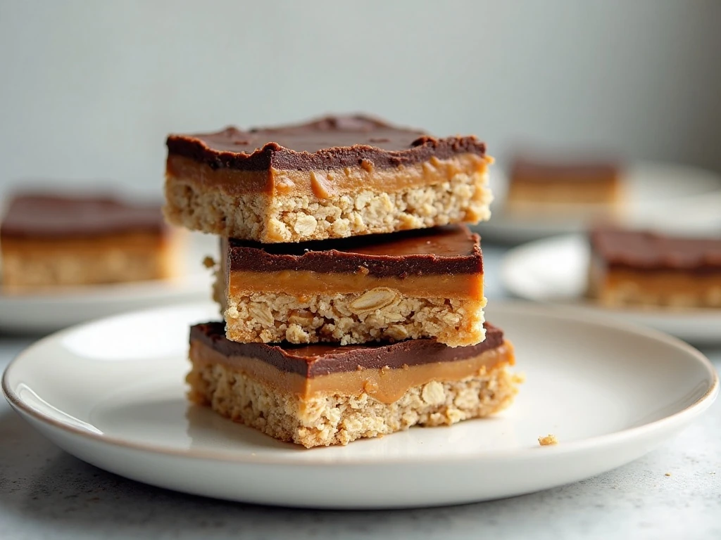 Stack of no-bake oatmeal peanut butter bars showing their chocolate and oat layers