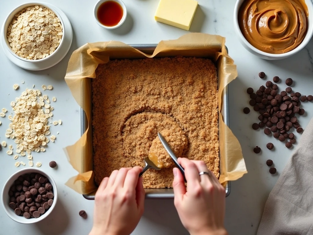 Ingredients for no-bake oatmeal peanut butter bars arranged beside a parchment-lined pan