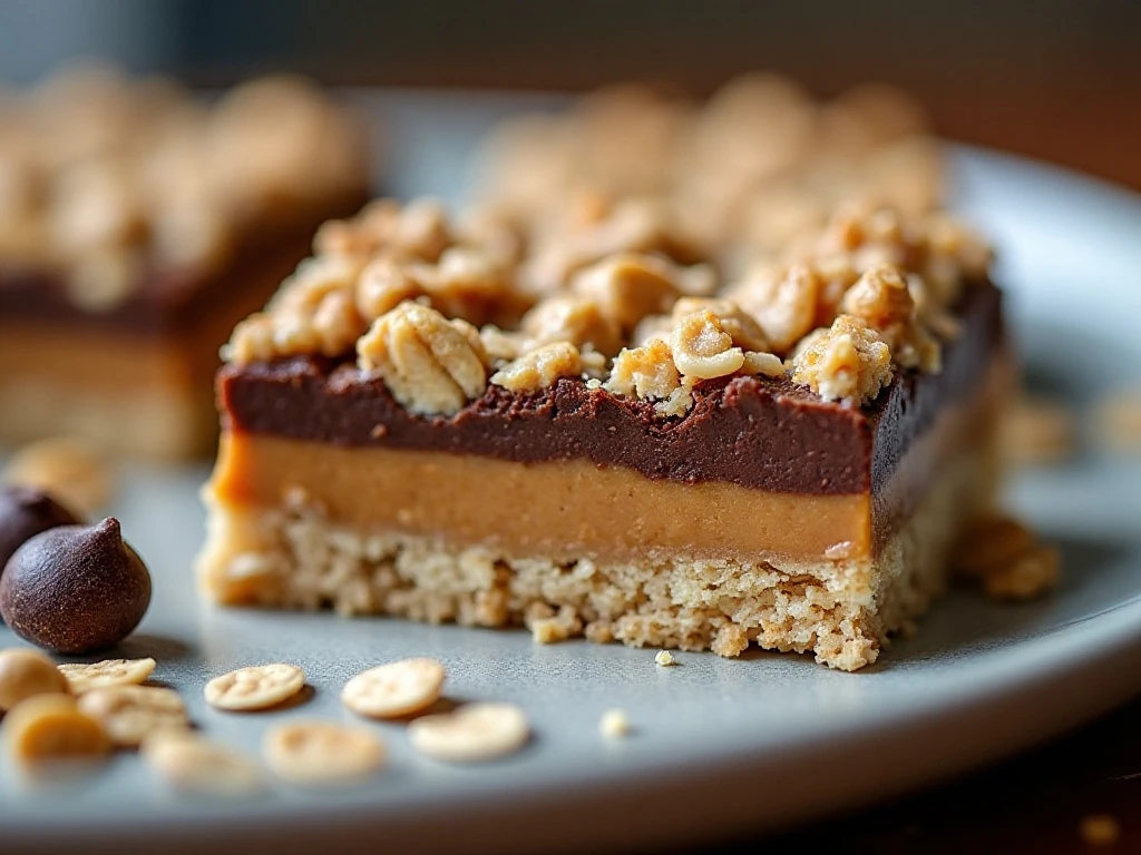 Close-up of a sliced oatmeal peanut butter bar with chocolate and oat layers