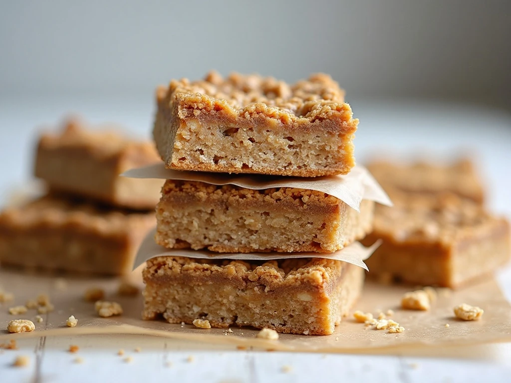 No-bake oatmeal peanut butter bars stored in layers with parchment paper
