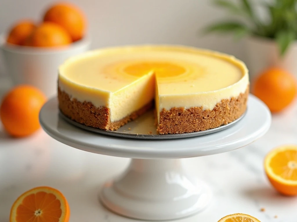 Whole no-bake orange creamsicle cheesecake with one slice showing the creamy filling