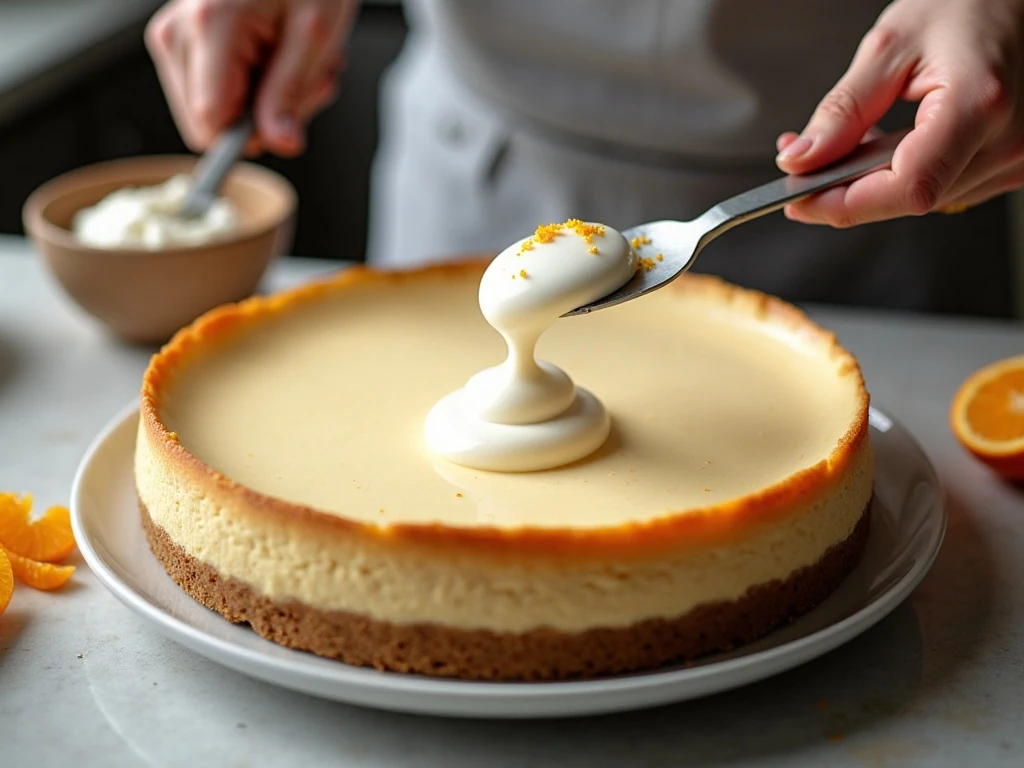 Whipped topping being folded into orange cheesecake filling