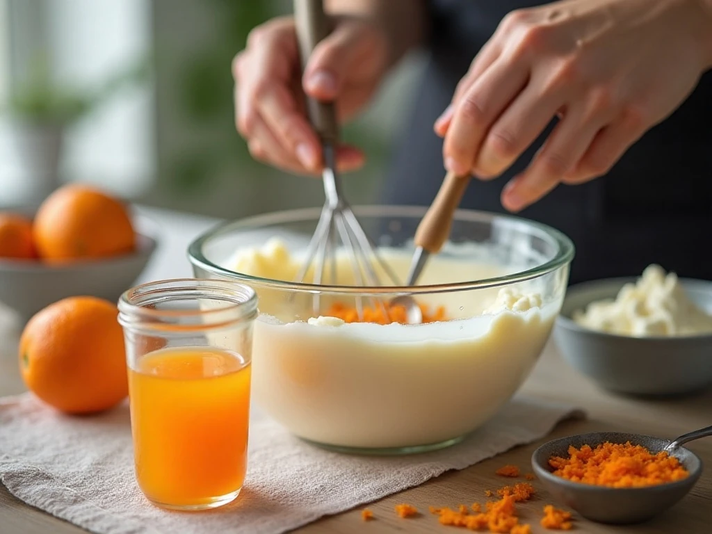 Cooled orange gelatin and smooth cream cheese mixture for cheesecake filling