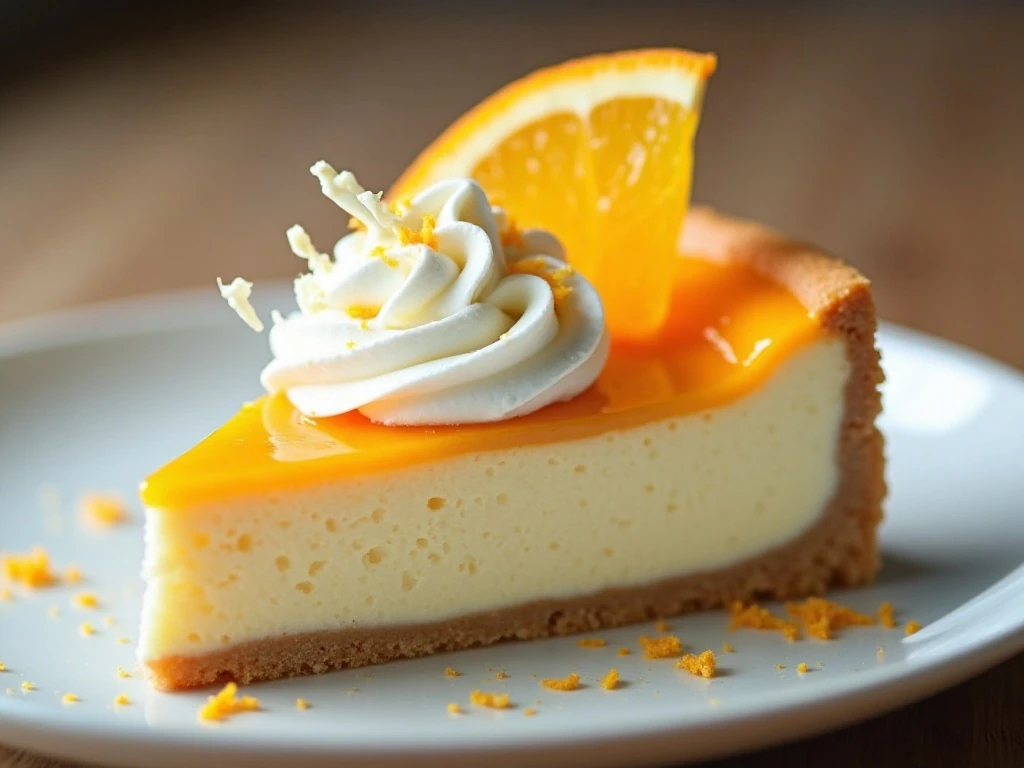 Close-up slice of orange creamsicle cheesecake with orange and white chocolate garnish