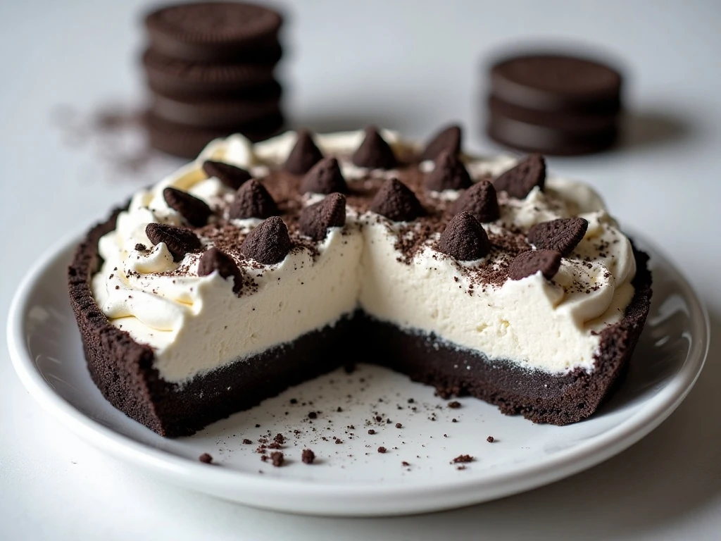 A creamy no-bake Oreo pie with a chocolate cookie crust and fluffy filling