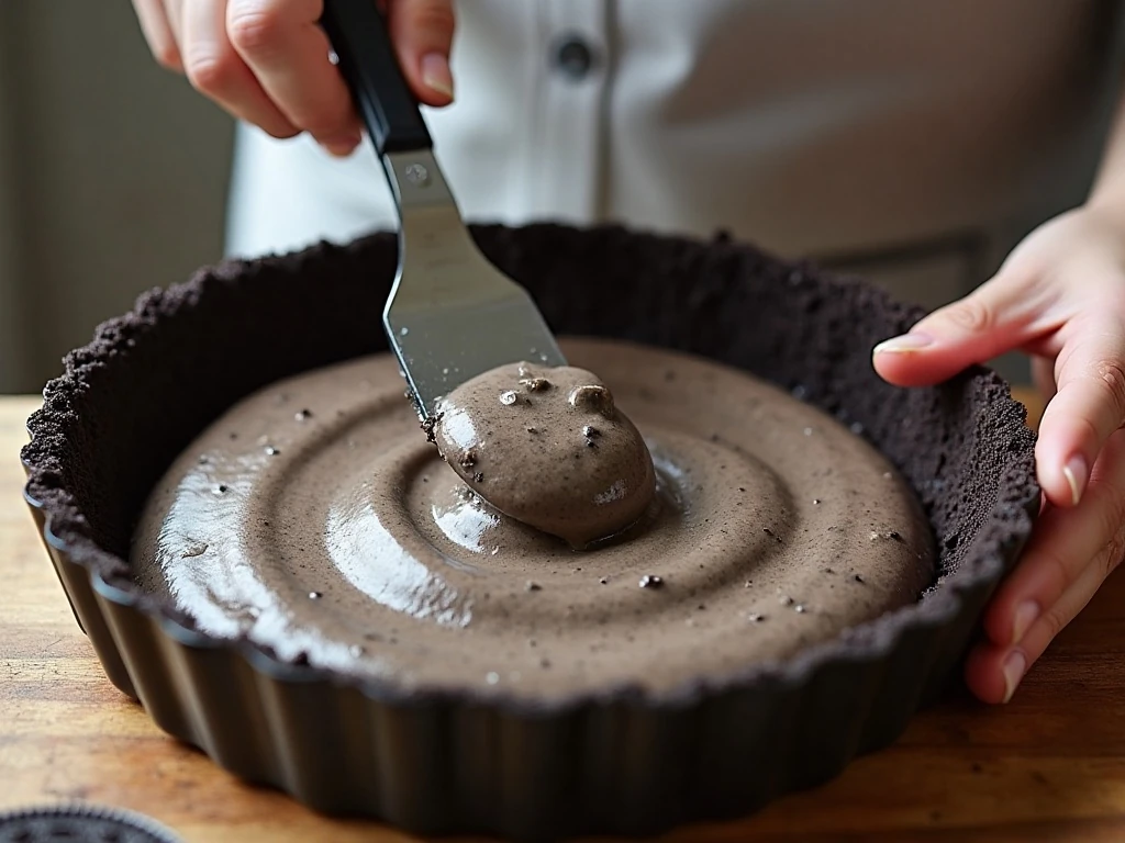 Preparing the Oreo filling in a chocolate cookie crust