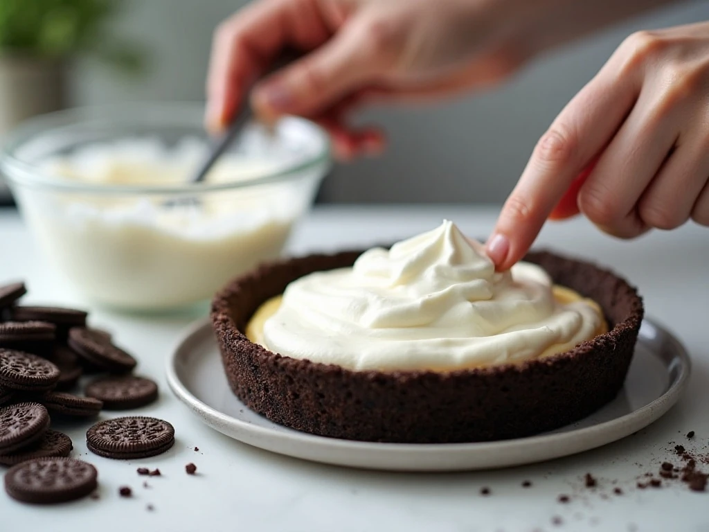 Mixing the fluffy cream cheese and Oreo pie filling