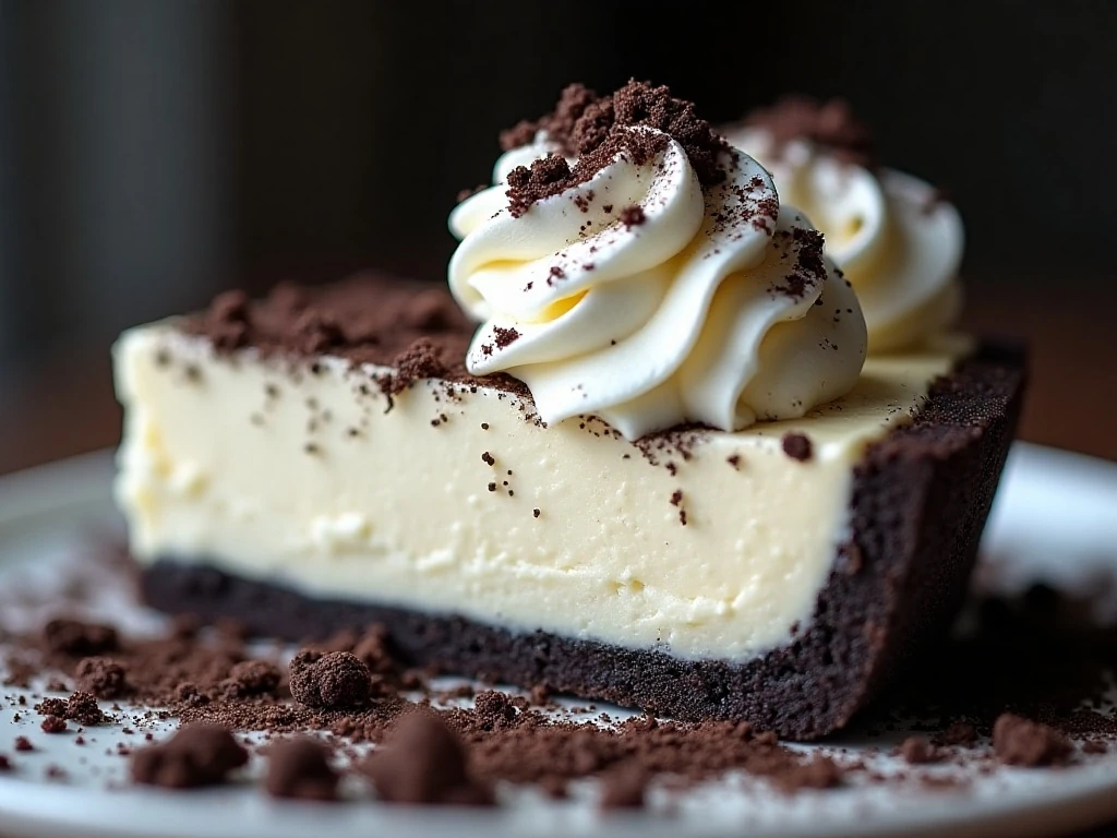 Close-up slice of chilled Oreo pie with cookie crumb garnish