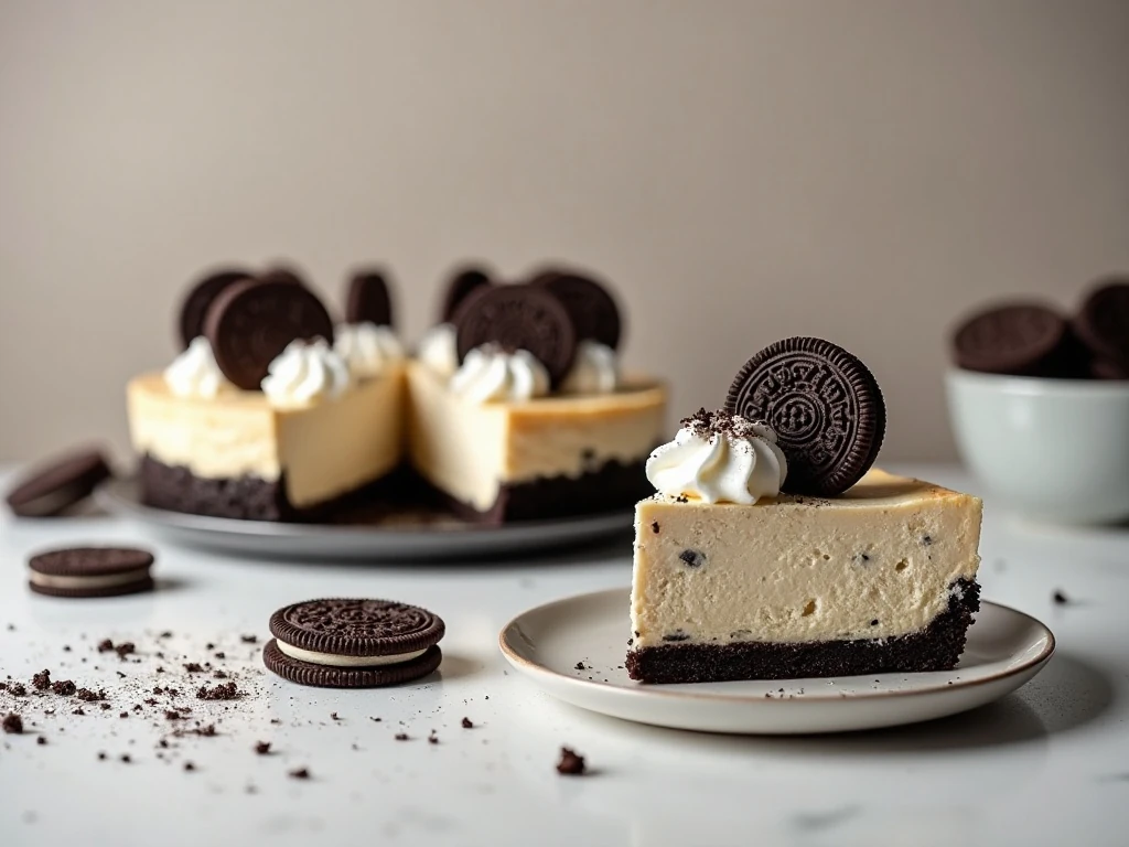 Decorated no-bake Oreo pie with whipped cream and Oreo cookies
