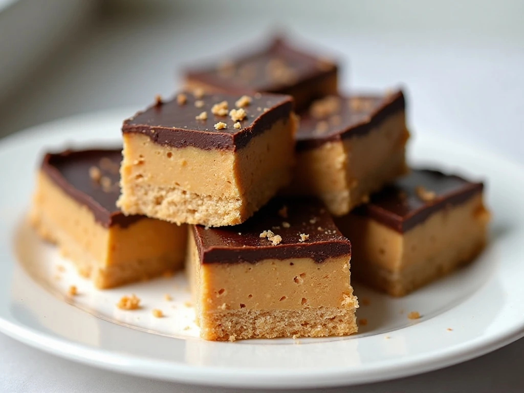 Stack of easy no-bake peanut butter bars with chocolate topping