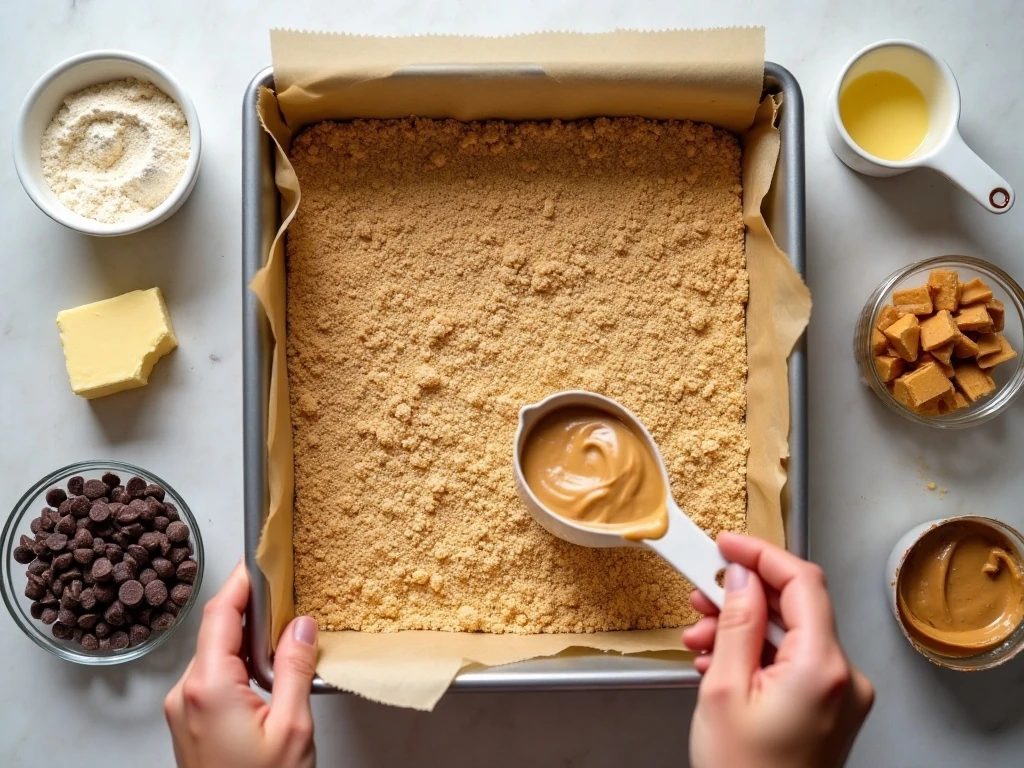 Ingredients for no-bake peanut butter bars arranged on a counter
