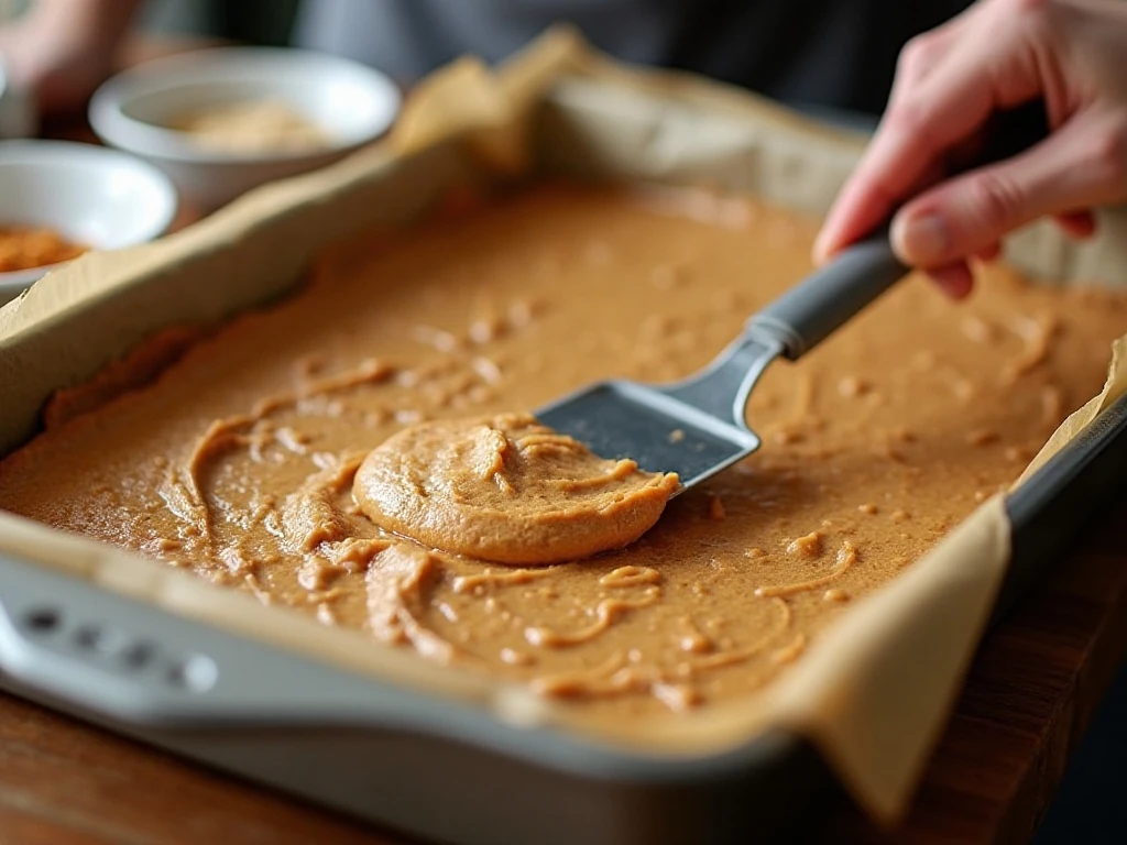Pressing the peanut butter graham cracker base into a baking pan