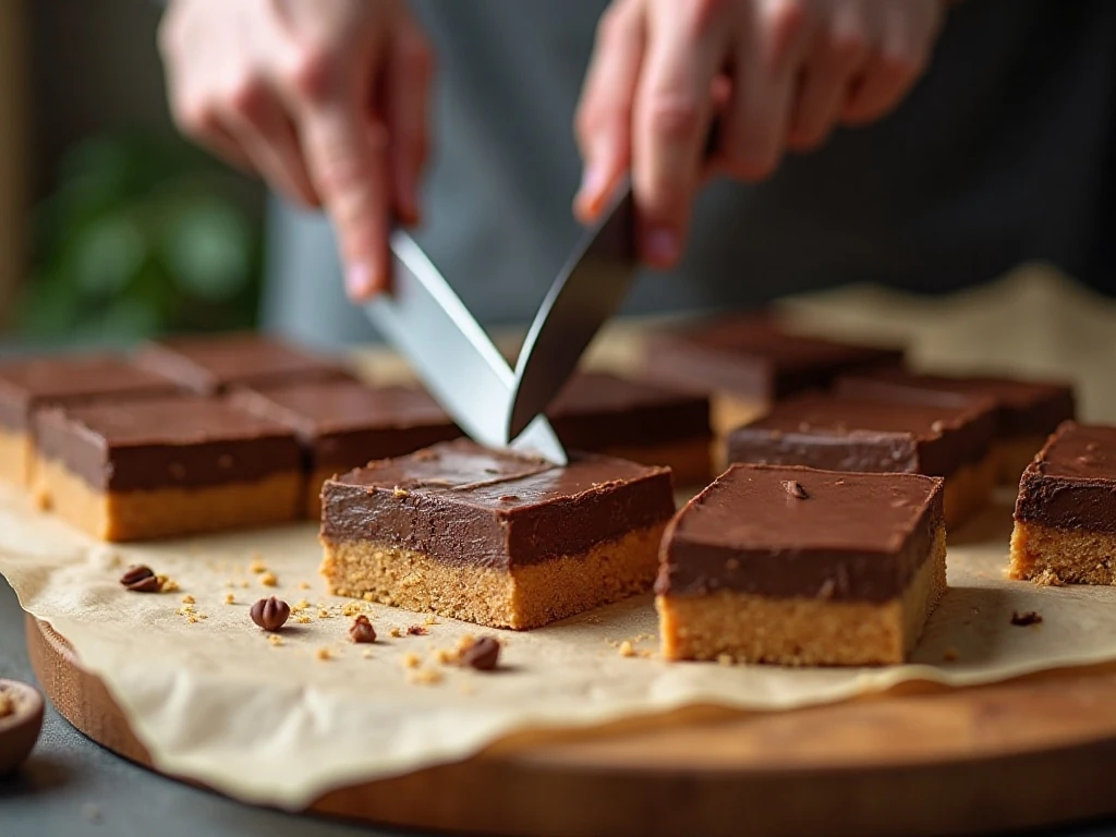 Cutting chilled peanut butter bars into clean squares