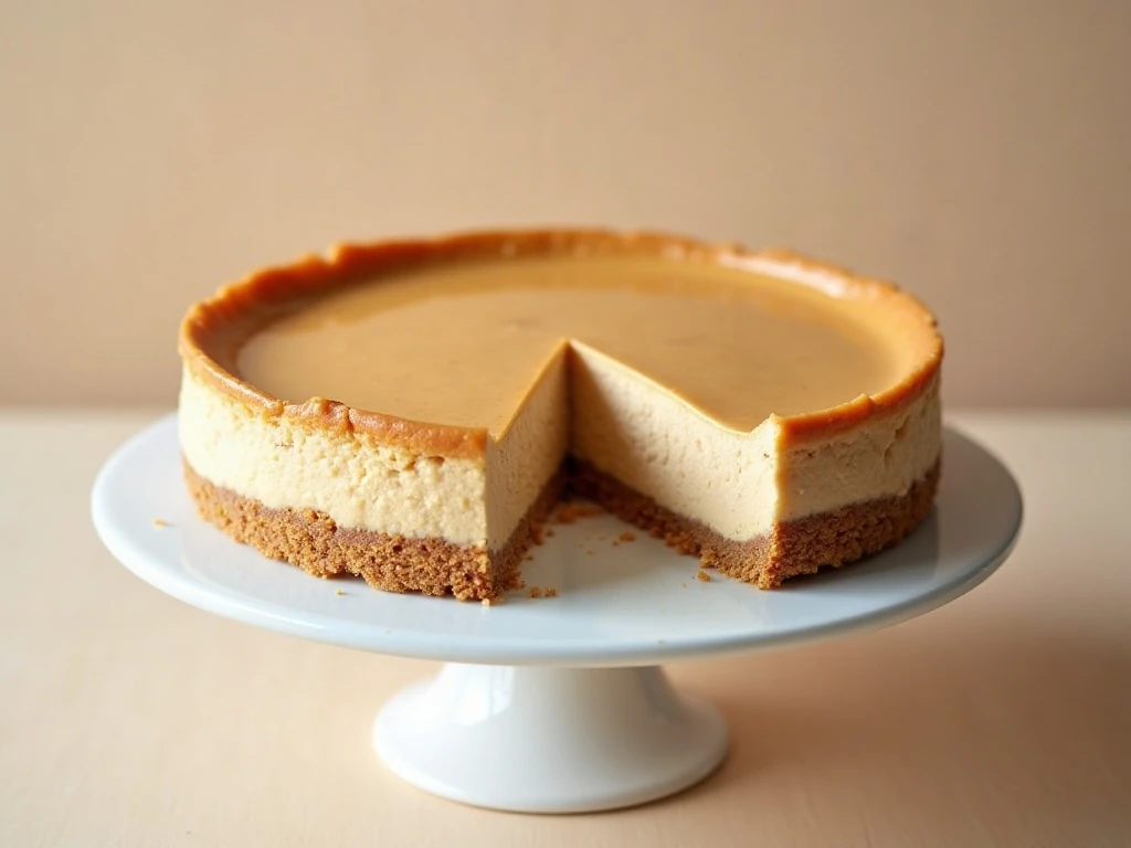 Whole no-bake peanut butter cheesecake with one slice showing the creamy filling