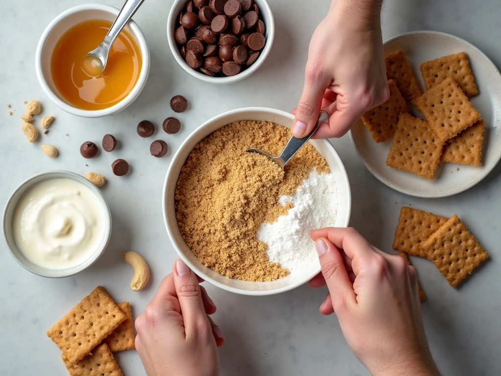 Ingredients for no-bake peanut butter cheesecake arranged in a flat lay