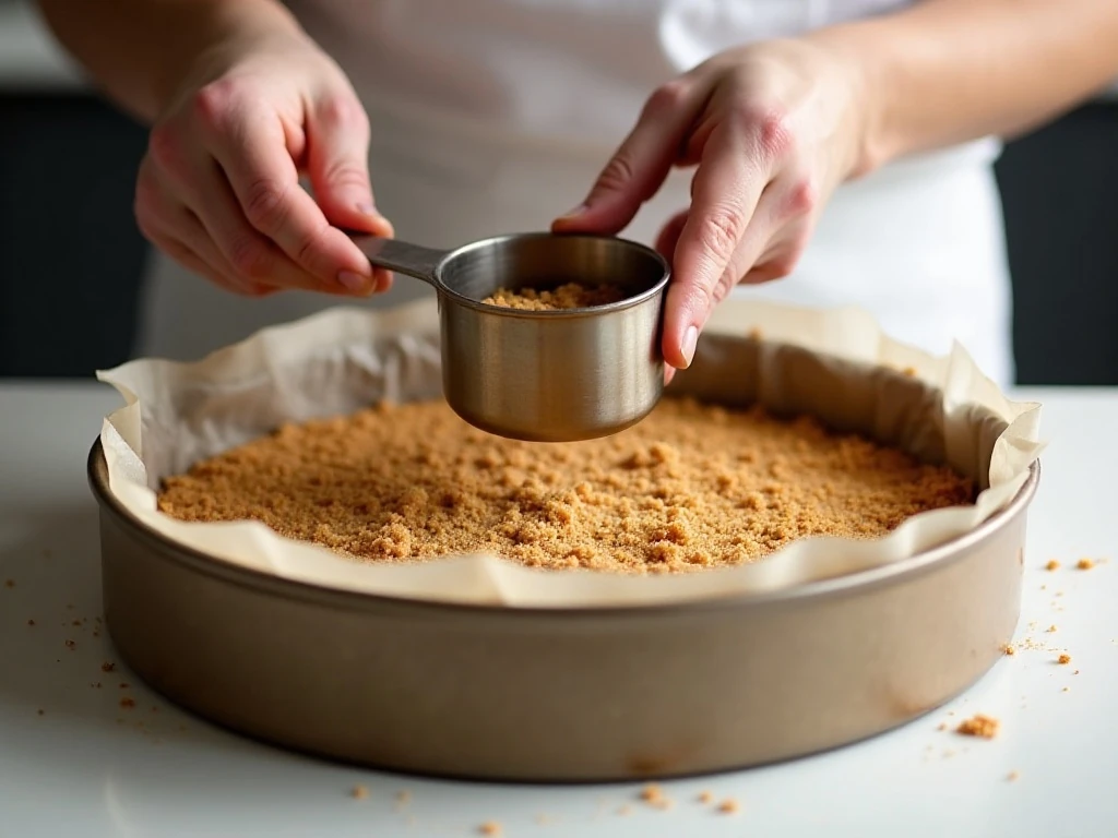 Pressing graham-cracker crust into a springform pan for peanut butter cheesecake