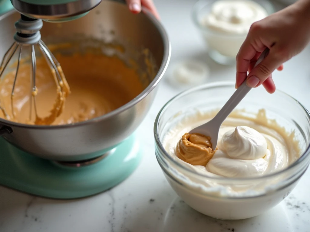 Whipped cream and smooth peanut butter filling prepared for folding