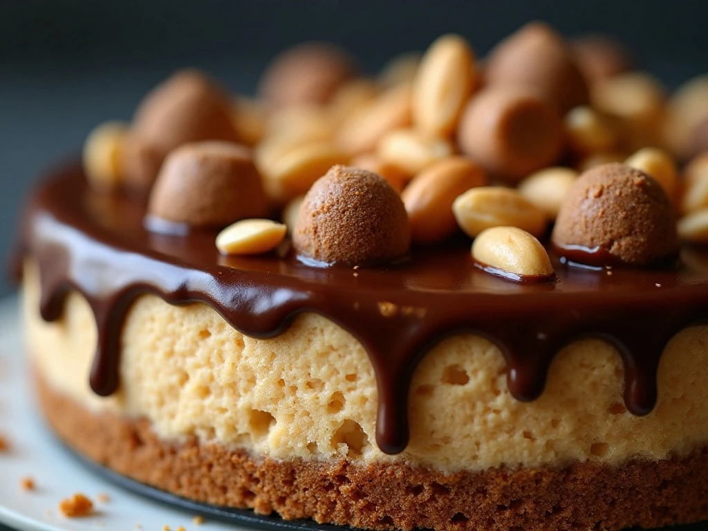 Chocolate ganache, chopped peanuts, and peanut-butter cups topping cheesecake