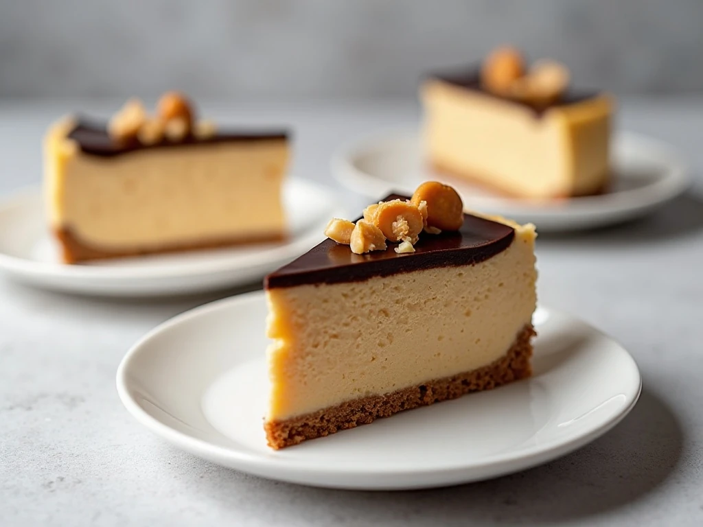 Sliced no-bake peanut butter cheesecake ready to serve