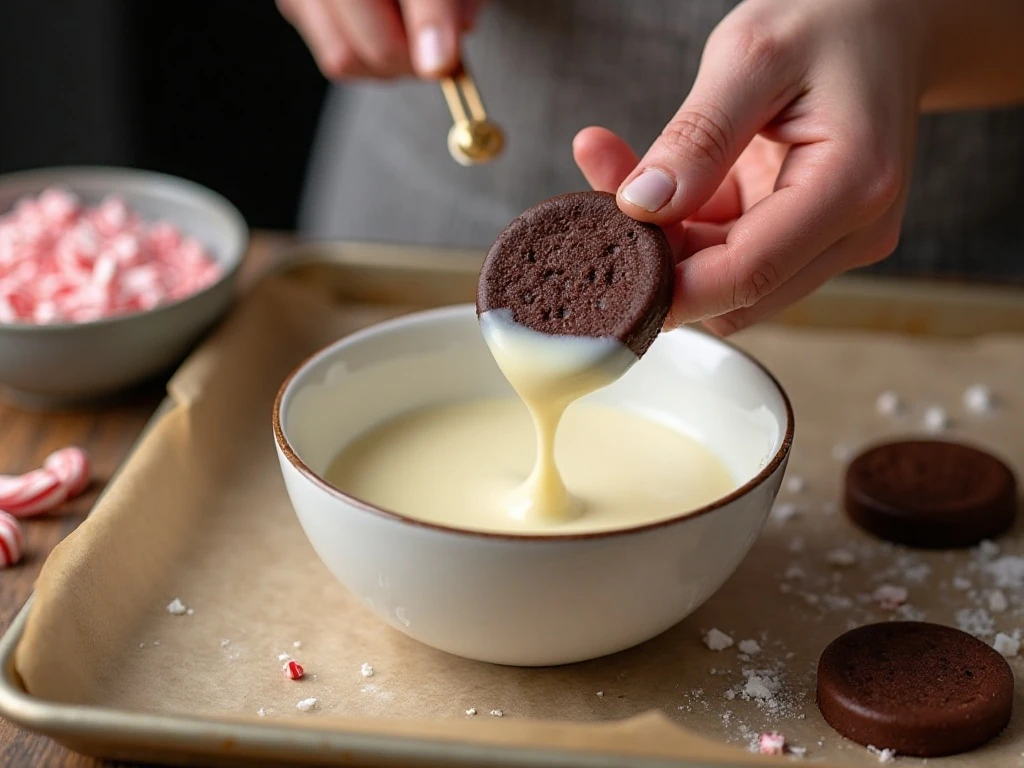 Dipping chocolate wafer cookies in peppermint white chocolate