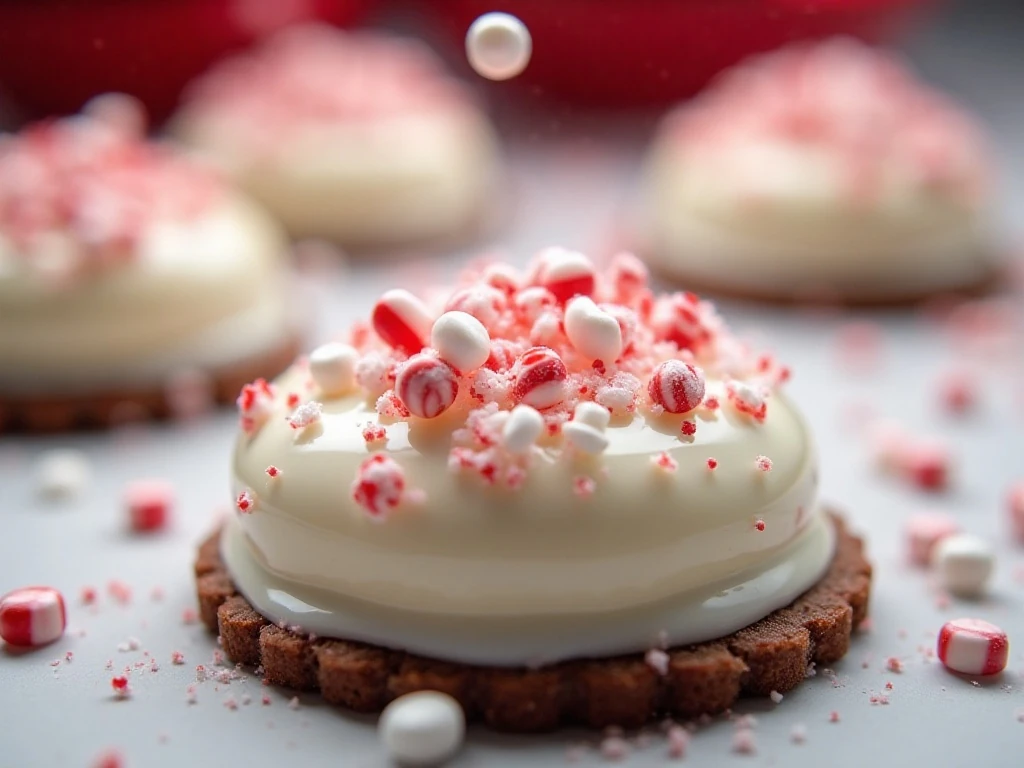 Crushed candy cane topping on peppermint bark cookies