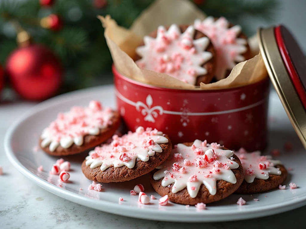Peppermint bark cookies stored in an airtight holiday tin