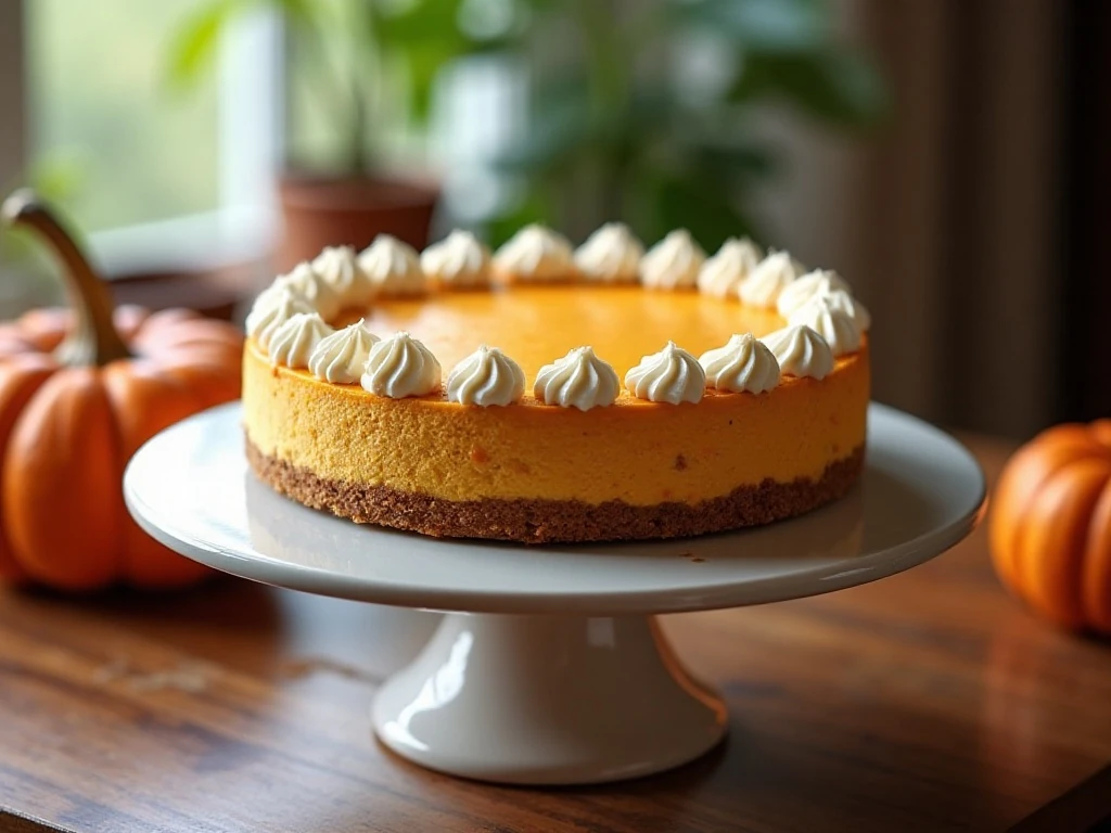 Whole no-bake pumpkin cheesecake with graham-cracker crust and whipped cream