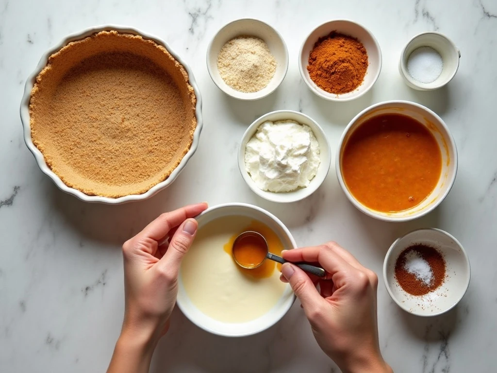Ingredients for no-bake pumpkin cheesecake arranged on a counter