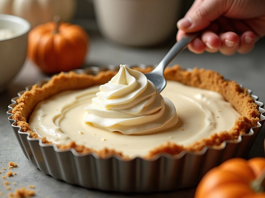 Folding whipped topping into pumpkin cheesecake filling