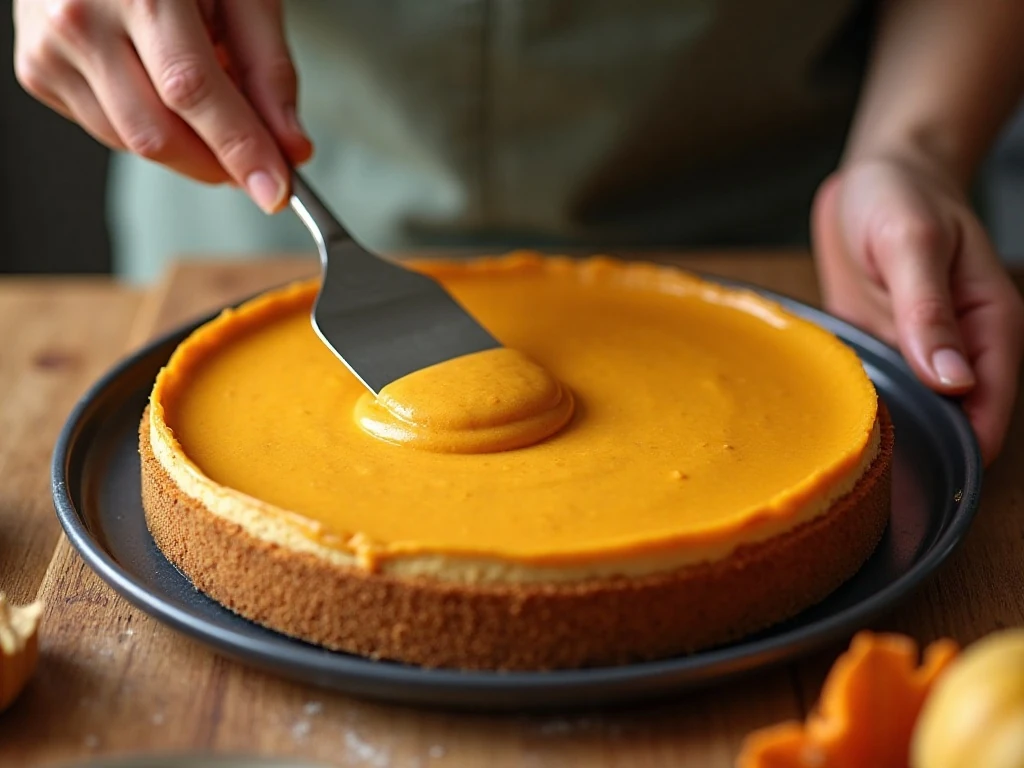 Smoothing pumpkin cheesecake filling into a graham-cracker crust
