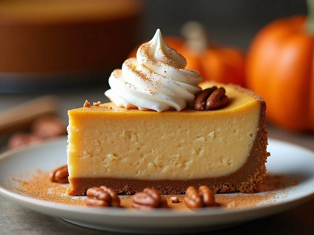 Slice of chilled pumpkin cheesecake garnished with whipped cream and pecans