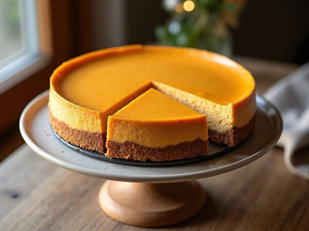 Creamy no-bake pumpkin cheesecake on a cake stand