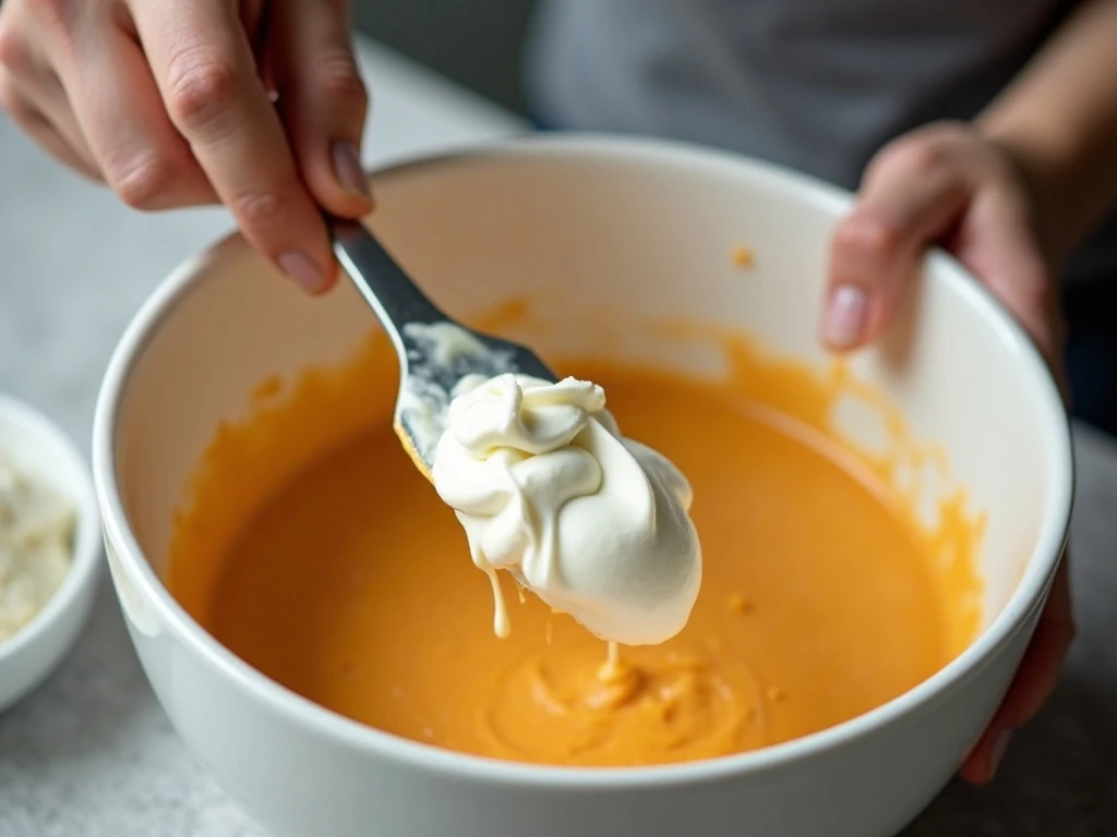 Folding whipped cream into pumpkin cheesecake filling