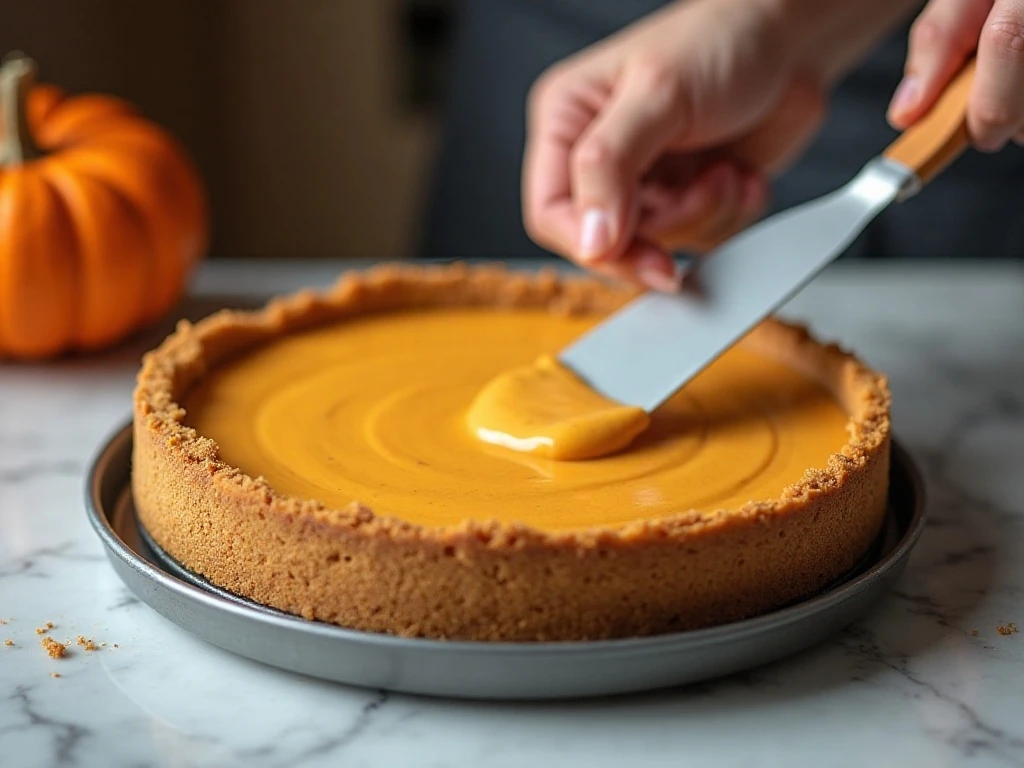 Smoothing pumpkin cheesecake filling into the crust