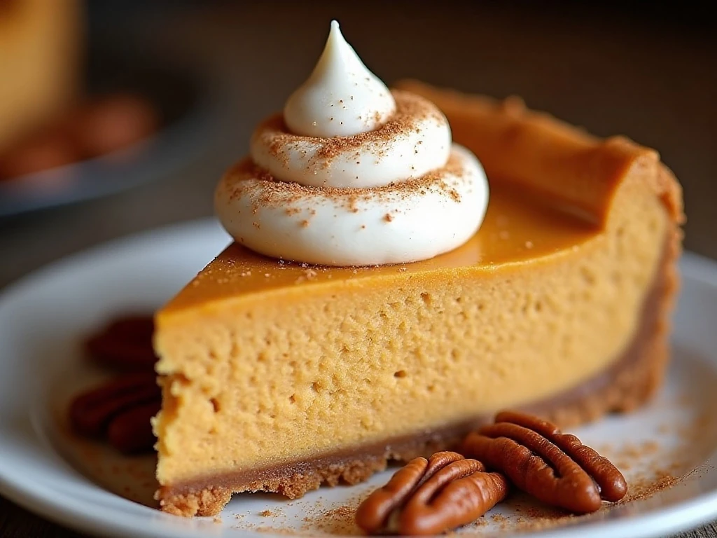 Pumpkin cheesecake slice with whipped cream and pecans