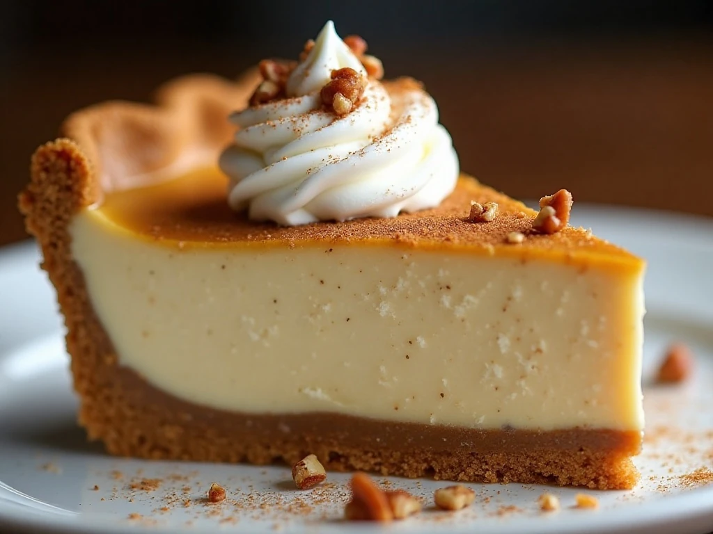 Pumpkin cream cheese pie slice with cinnamon and chopped pecans
