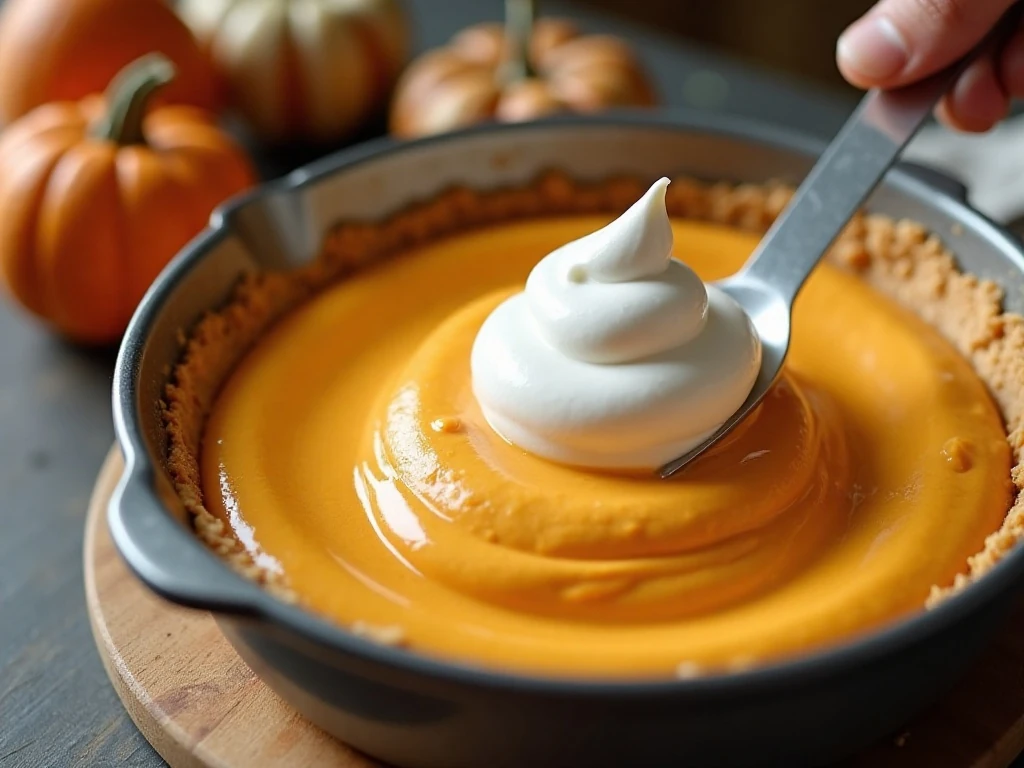 Folding whipped topping into pumpkin cream pie filling