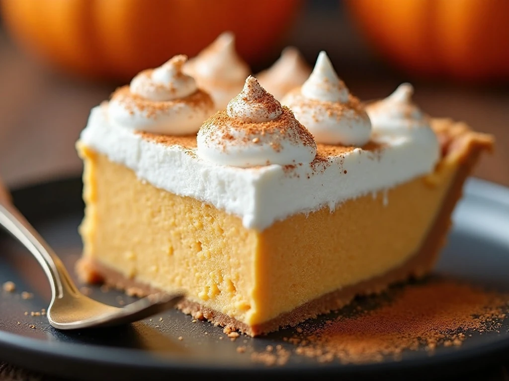 Close-up slice of creamy pumpkin pie with cinnamon
