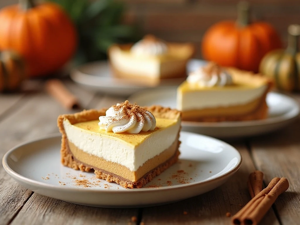 Sliced no-bake pumpkin cream pie ready to serve