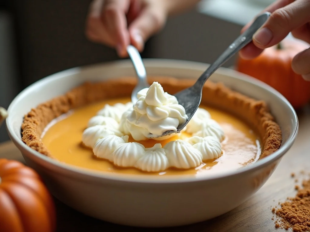 Folding whipped topping into pumpkin pie filling