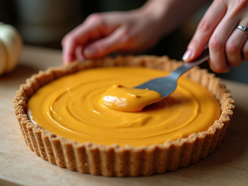 Smoothing pumpkin cream filling in graham-cracker crust